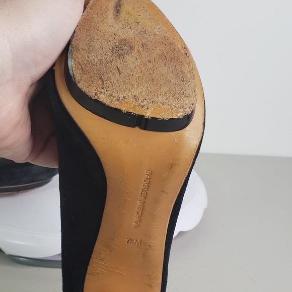 Mark and James Badgley Mischka Black Leather Suede Pointed Toe Pumps Heels 7.5 - Picture 10 of 11